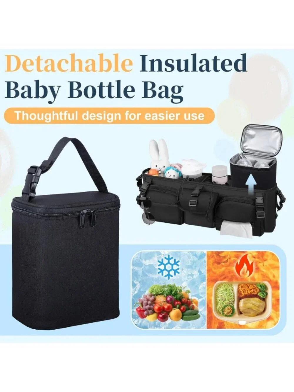 Double Stroller Organizer with Cooler Bag - Universal Fit for Double Strollers
